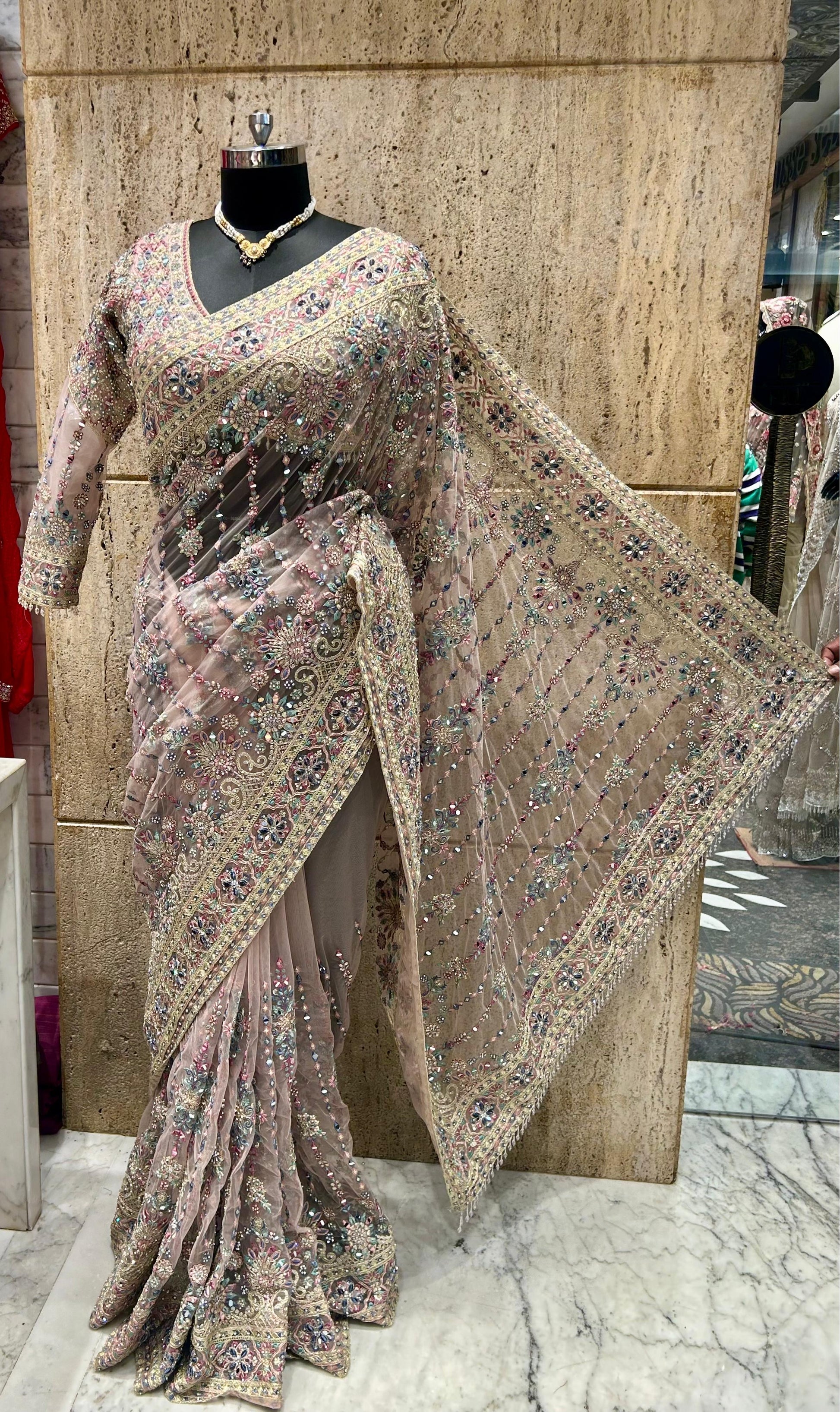 Designer embroidered saree net saree Partywear sari blouse Saffronfashionindia