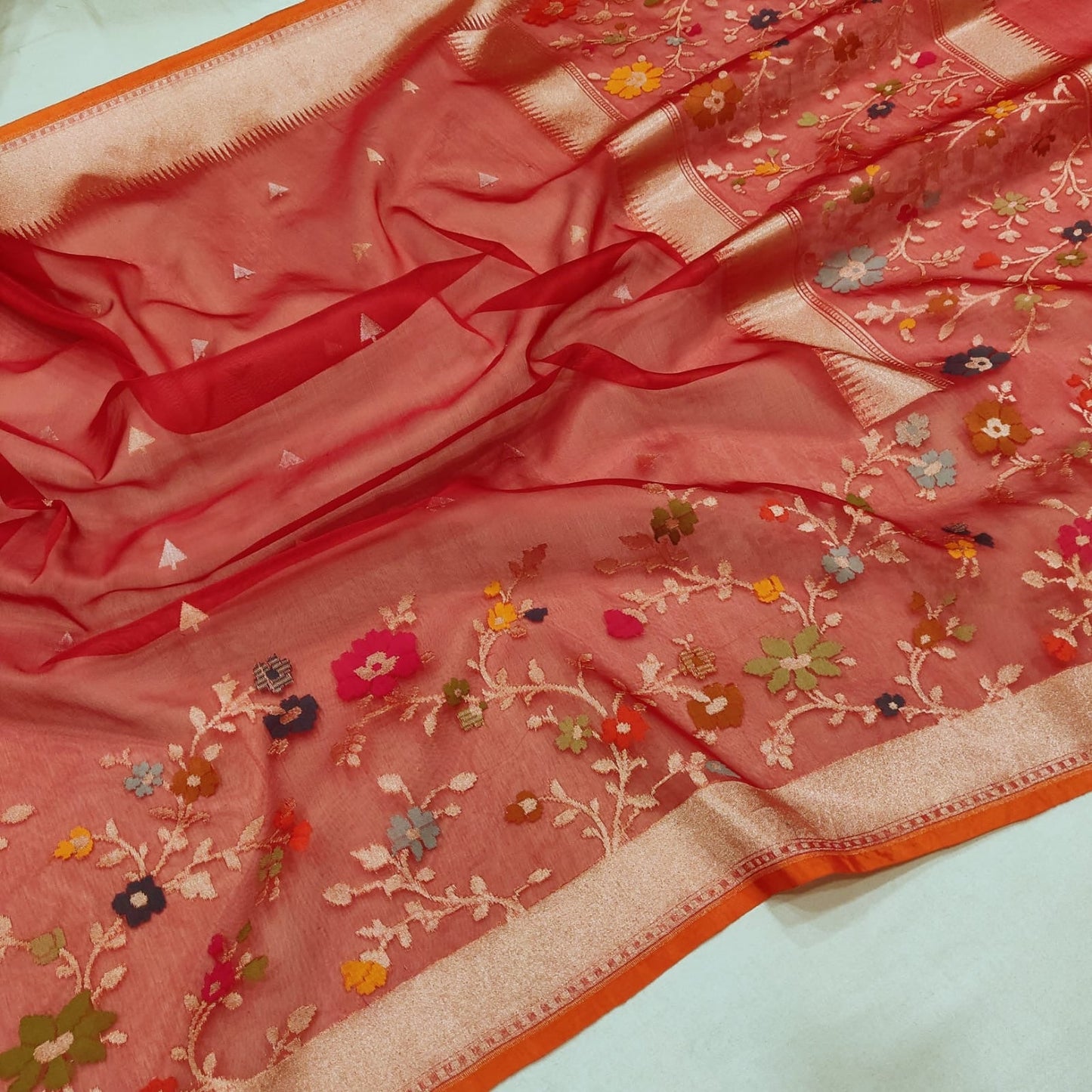 Red Jamdani saree Kora sarees Indian sari blouse SaffronFashion