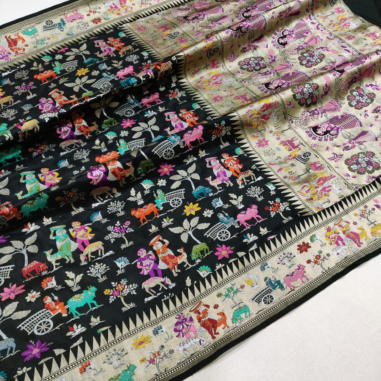 Black Katan Handwoven Zari Saree Resham Saree Indian - Saffronfashionindia