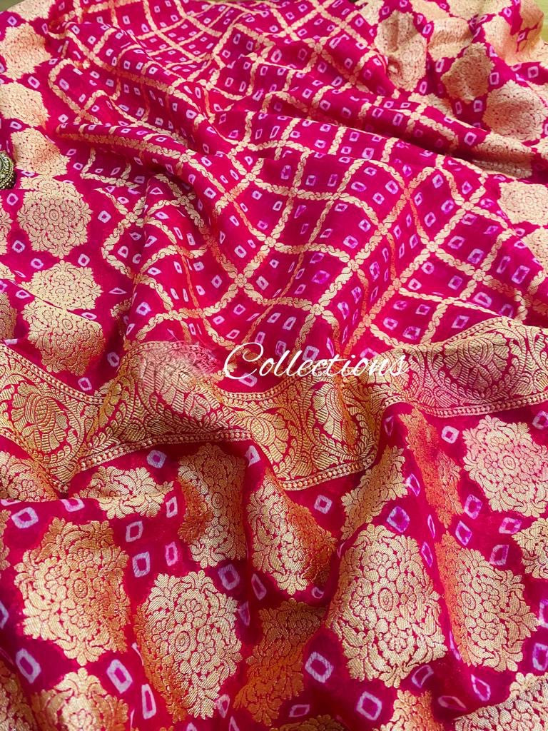 Pinash banarsi handwoven Bandhani Gorgette sarees - Saffronfashionindia
