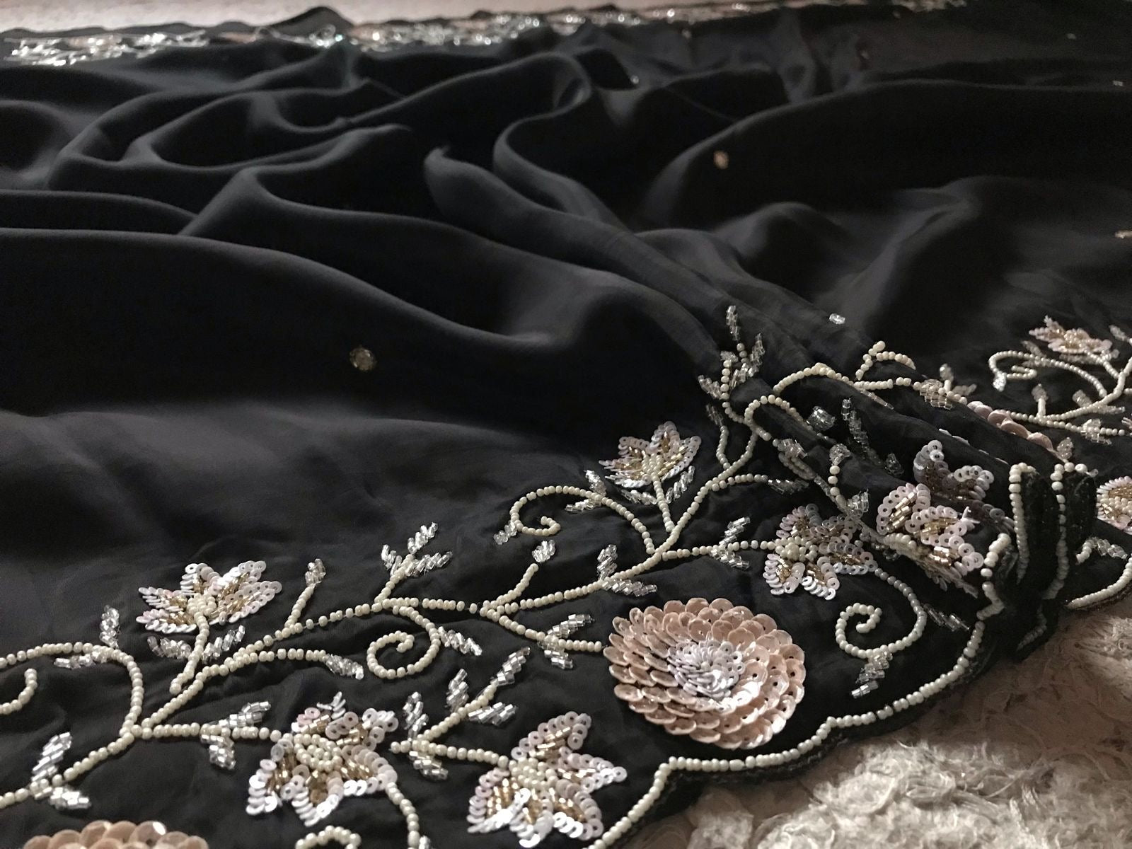 Black Satin Organza Silk Saree Luxury Partywear Wedding sarees - Saffronfashionindia