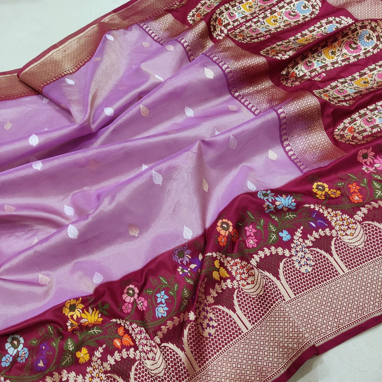 Lavender tissue saree Zari buries handwoven sarees - Saffronfashionindia