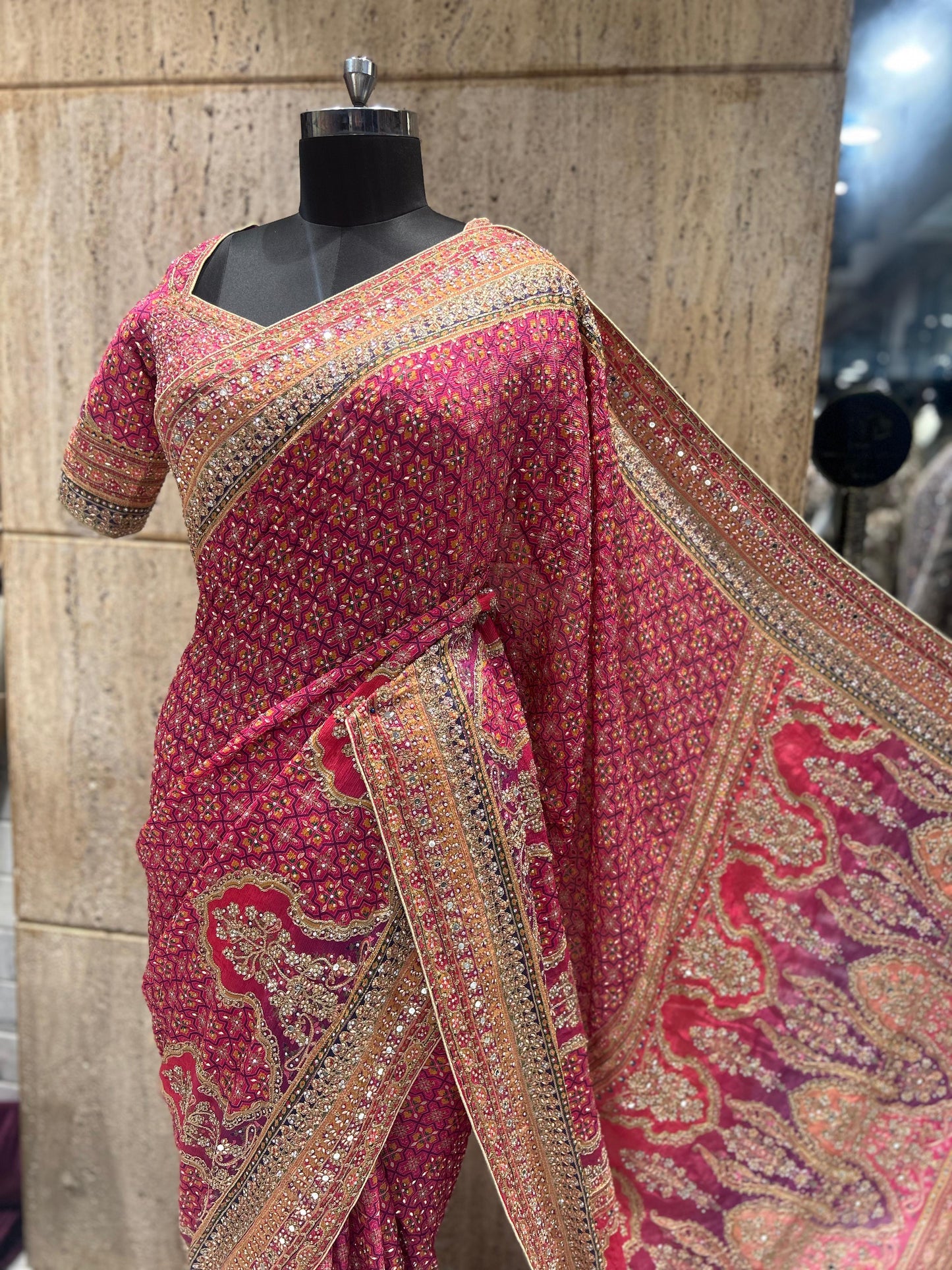 Ajrakh Chinon saree wedding sarees blouse Indian sari SaffronFashion