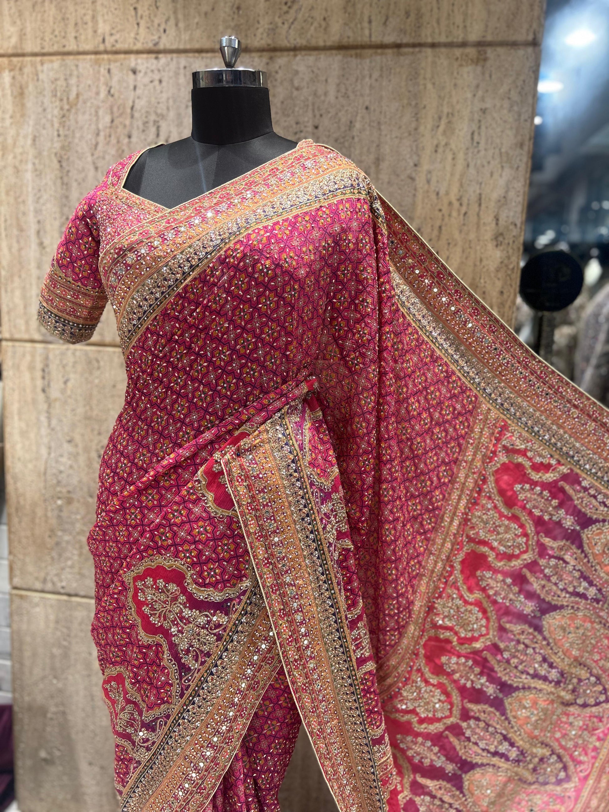 Ajrakh Chinon saree wedding sarees blouse Indian sari SaffronFashion