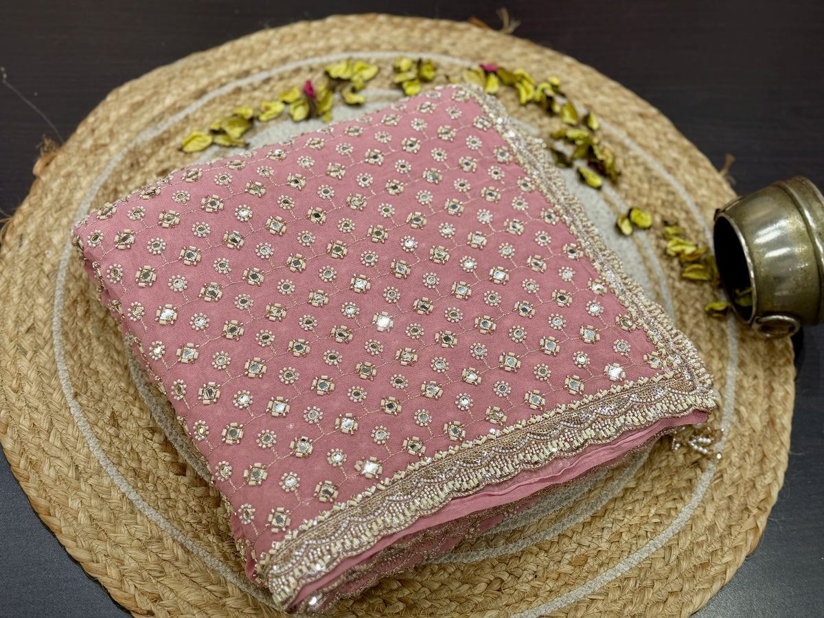 Pink Designer Sequin Embroidered Georgette Saree with Embellished Border & Blouse SaffronFashion