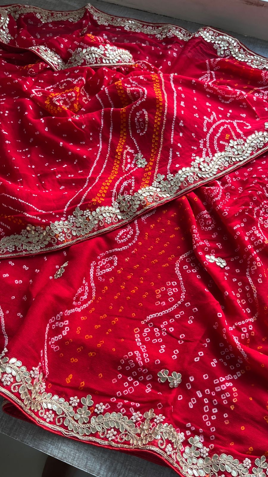 Red satin saree gottapatti Bandhej zardosi sarees bridal sari - Saffronfashionindia