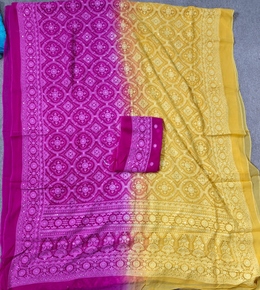 Dual shaded Chikankari saree Georgette saree women sari blouse - Saffronfashionindia