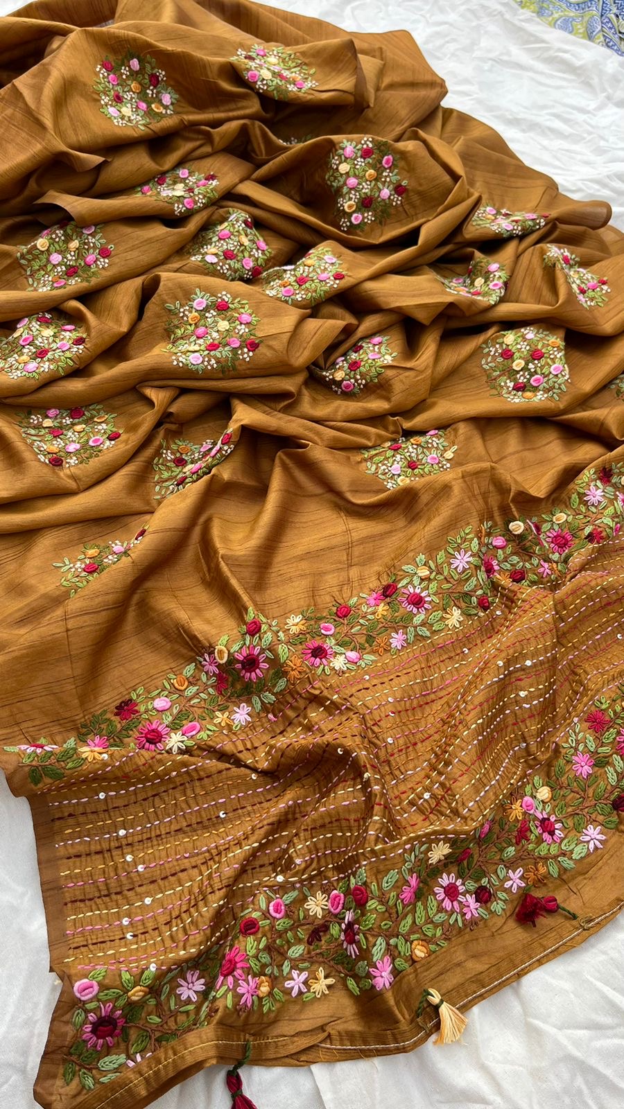 Kivashi Tussar Linen Embroidered Saree Indian Sari - Saffronfashionindia