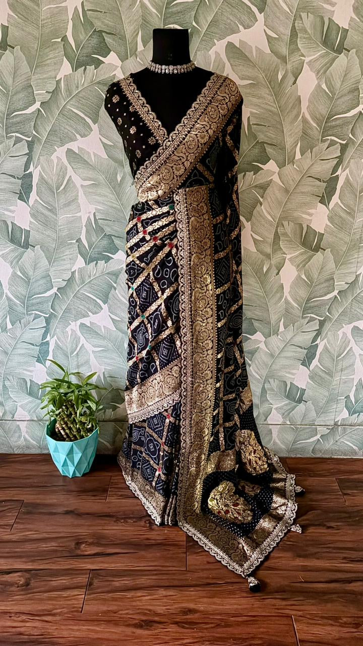 Black bandhani saree premium Banarsi saree gorgette sari blouse Saffronfashionindia