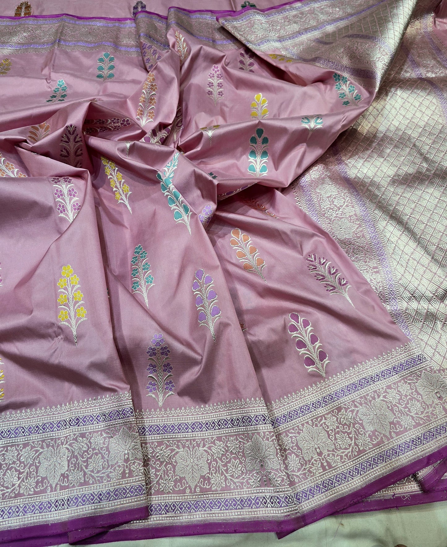 Pink Banarsi saree elegant saree Jamdani tissue sari blouse SaffronFashion