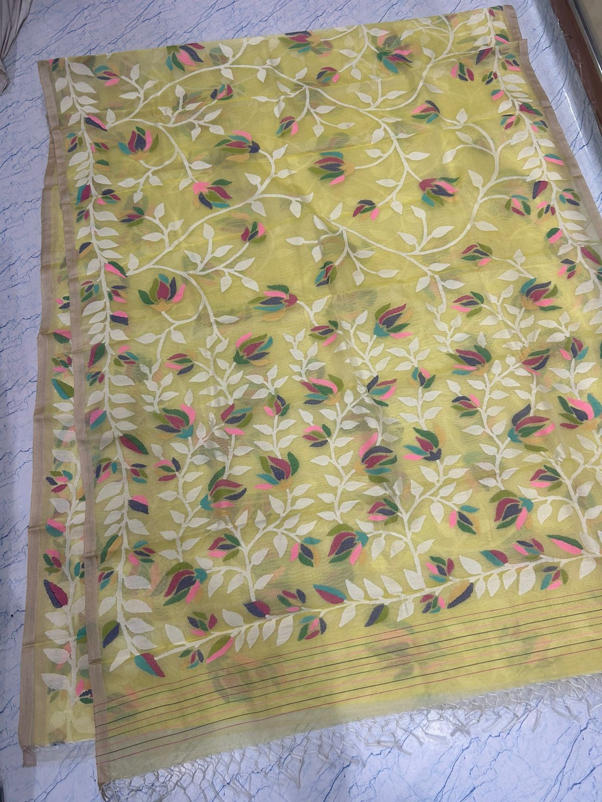 Yellow floral tantuj jamdani sarees - Saffronfashionindia