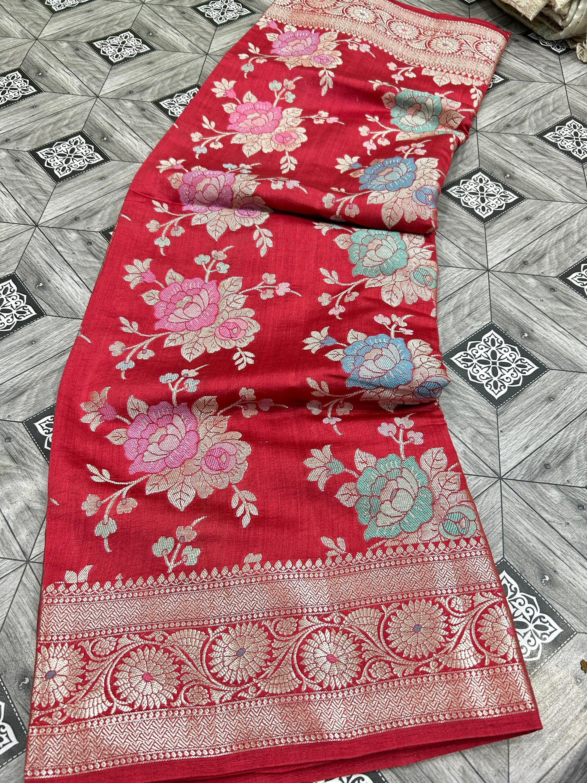 Red floral saree chiniya saree katan silk saree women sari blouse SaffronFashion