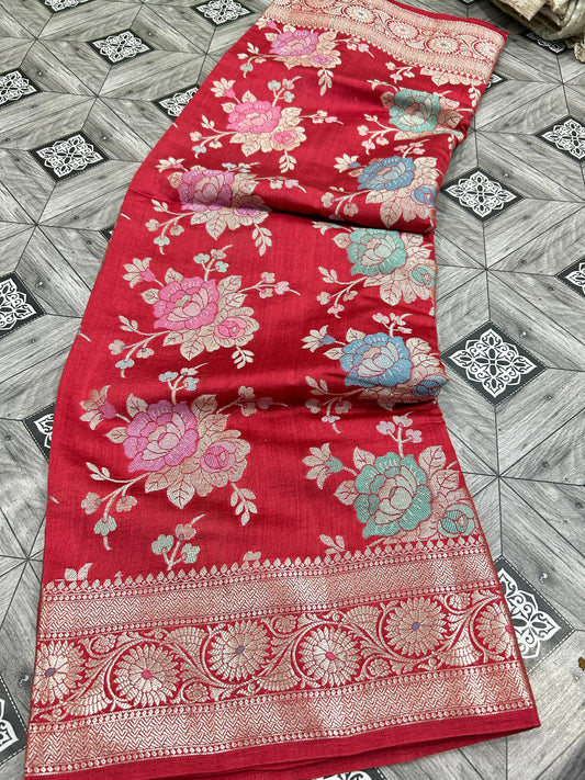 Red floral saree chiniya saree katan silk saree women sari blouse SaffronFashion