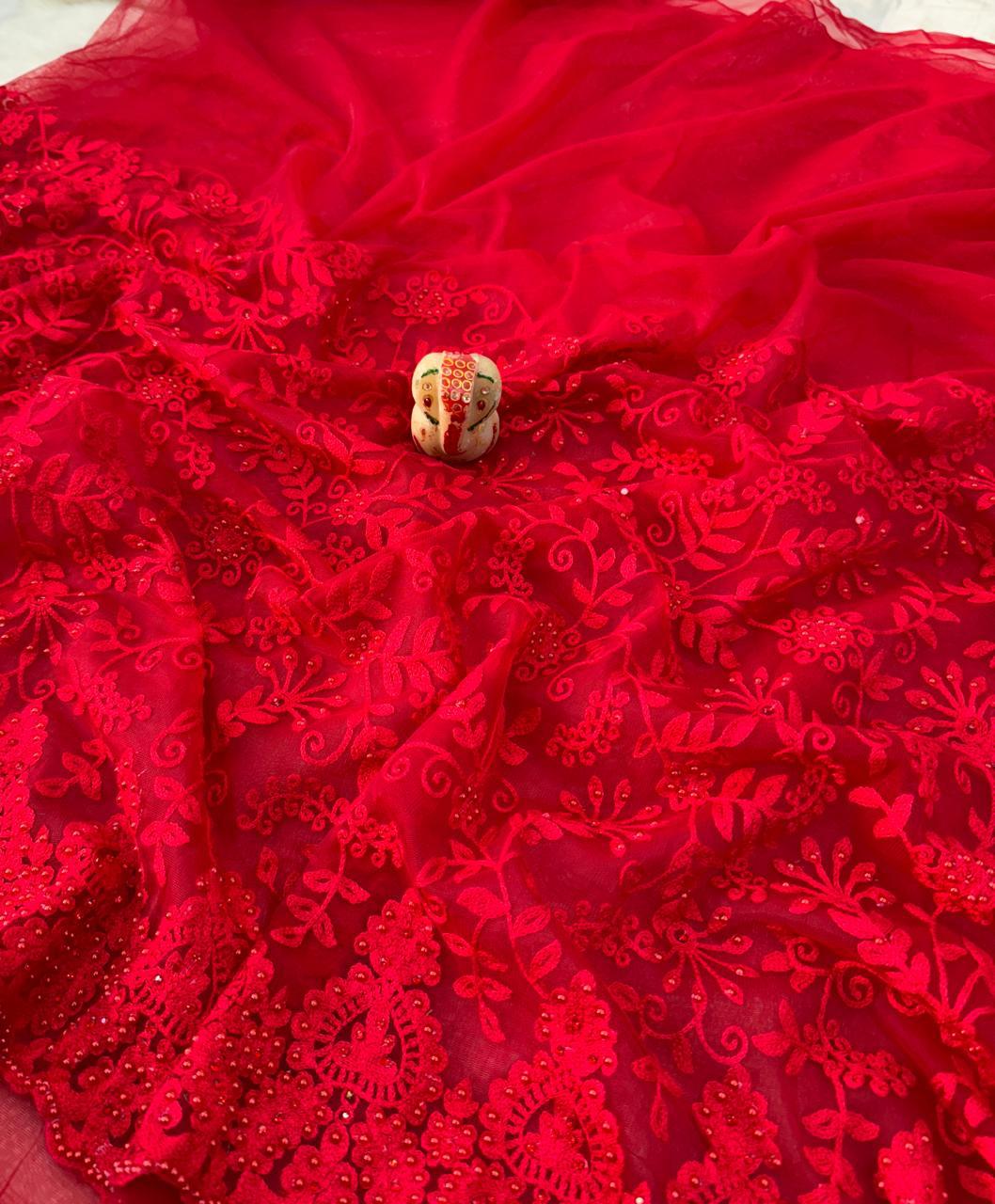 Red hot saree bridal saree netted sarees women sari blouse SaffronFashion