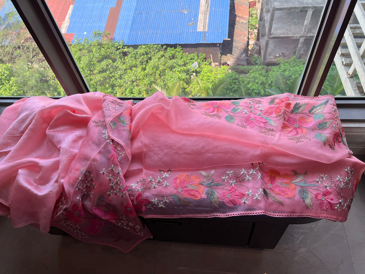 Pink sari floral saree embroidery sarees blouse - Saffronfashionindia