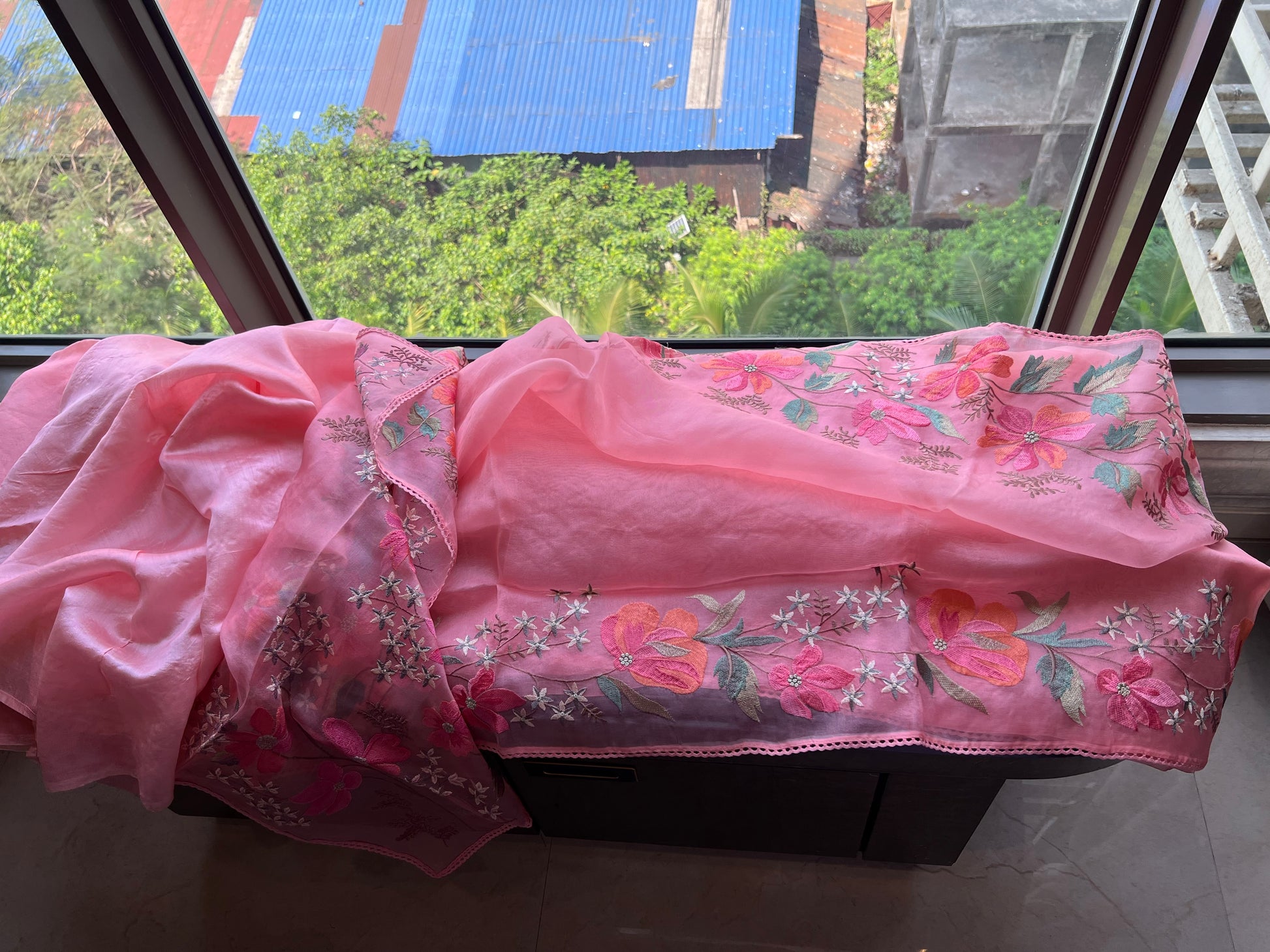 Pink sari floral saree embroidery sarees blouse - Saffronfashionindia