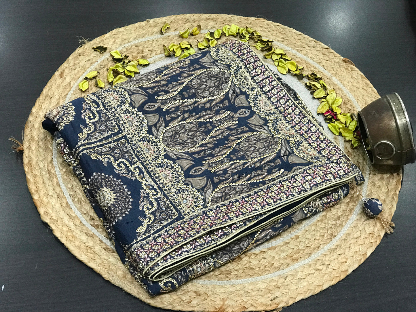Navy blue saree designer sarees Chinon silk sari blouse women sarees Saffronfashionindia