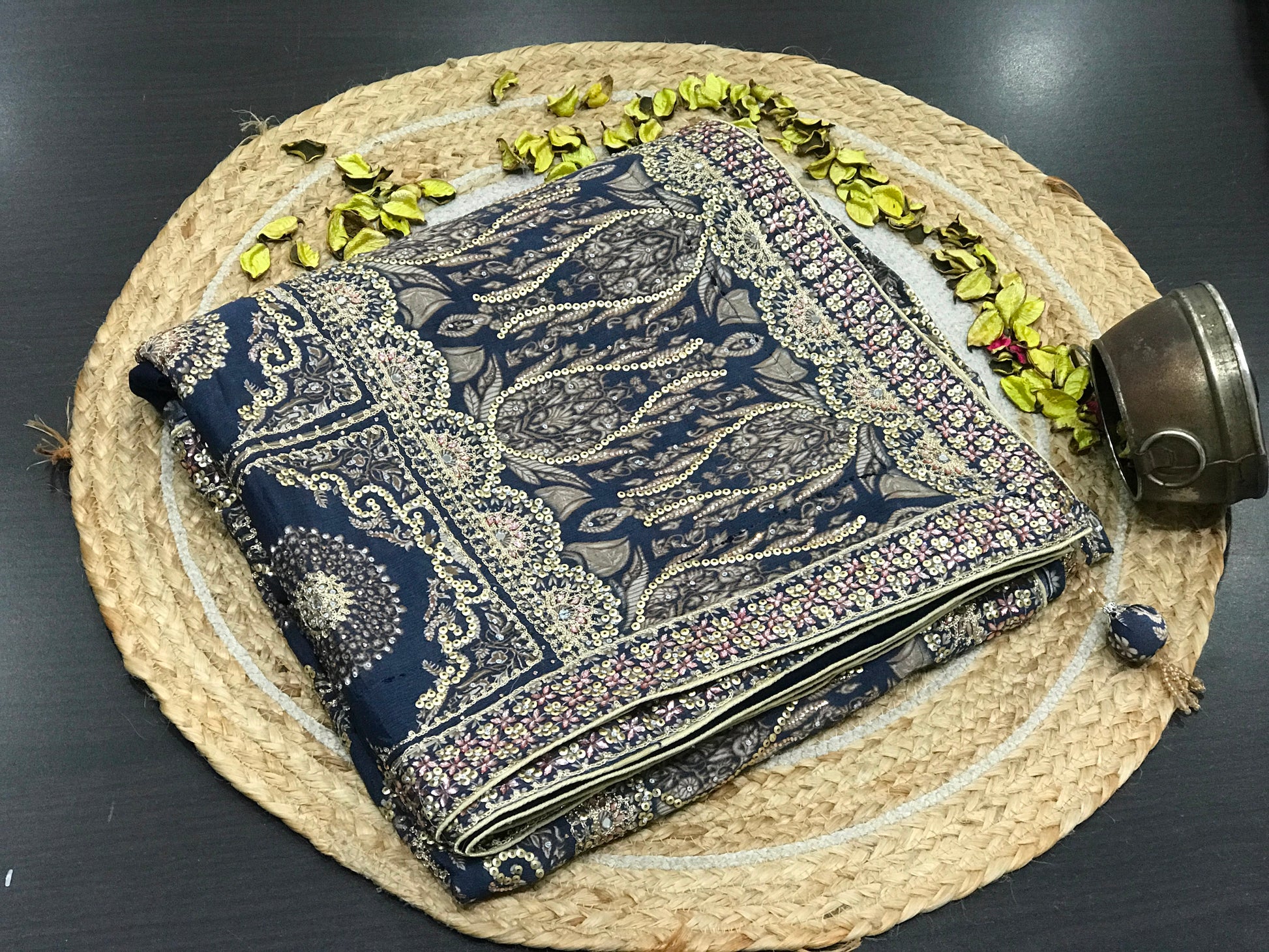 Navy blue saree designer sarees Chinon silk sari blouse women sarees Saffronfashionindia