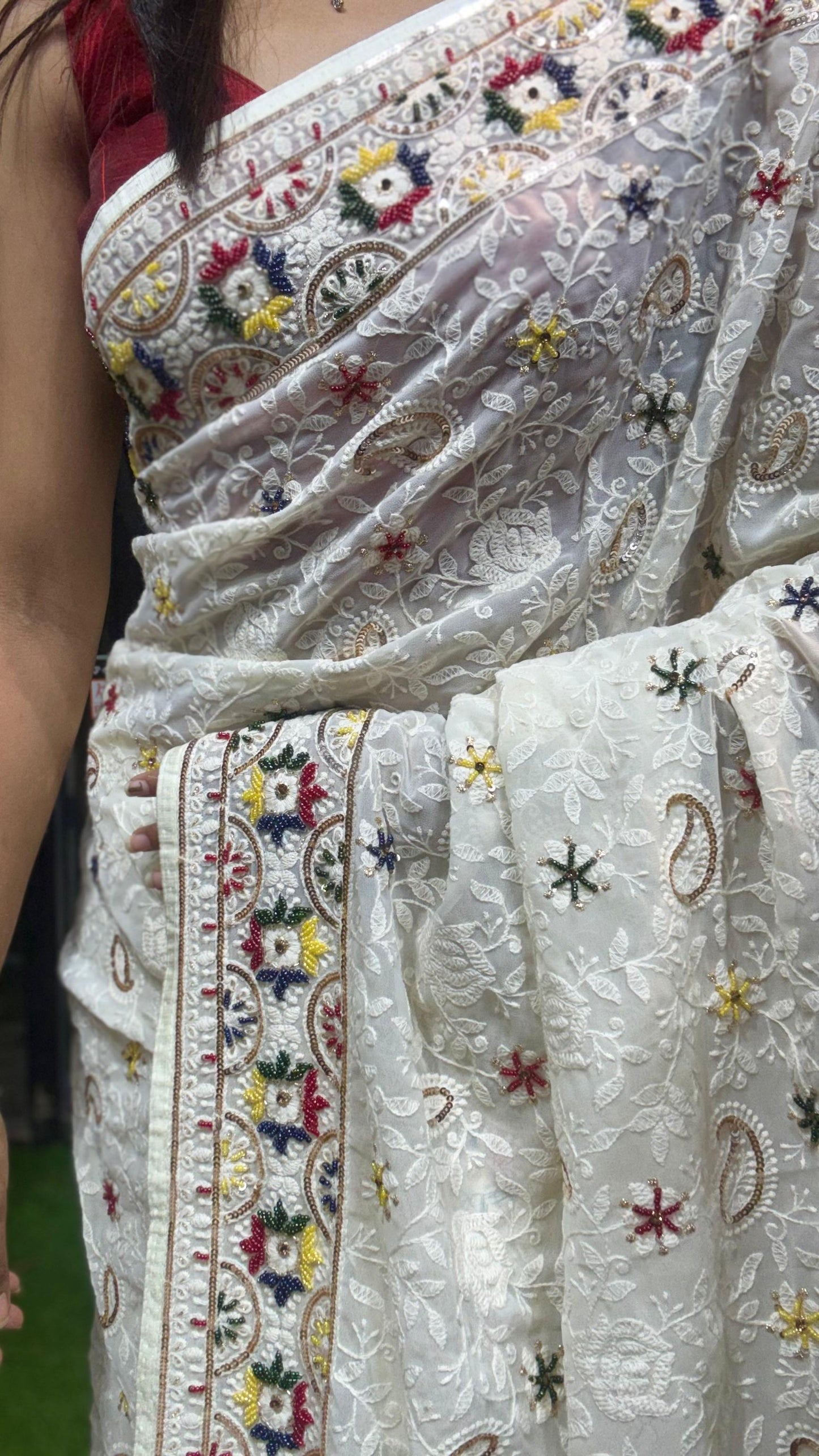White Chikankari saree gorgette saree Indian saree blouse SaffronFashion