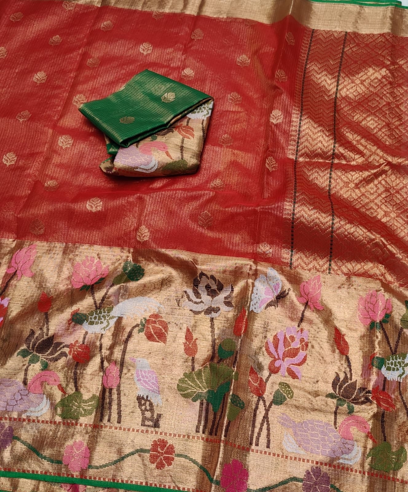 Exclusive Red Tissue Paithani Tissue Zari Kota Sarees - Saffronfashionindia