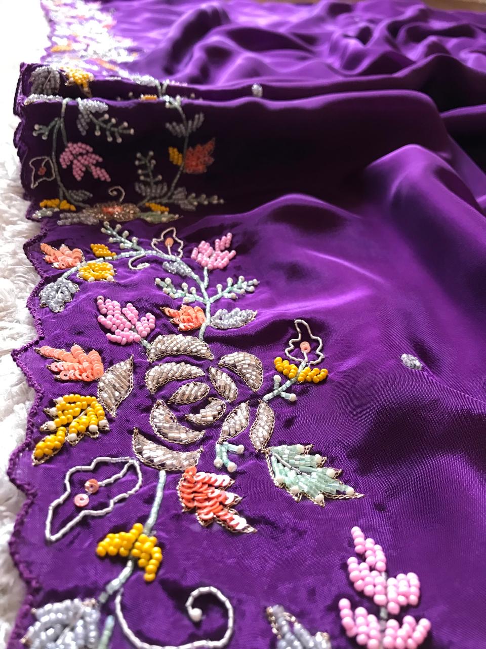 Purple satin saree Partywear sarees SaffronFashion