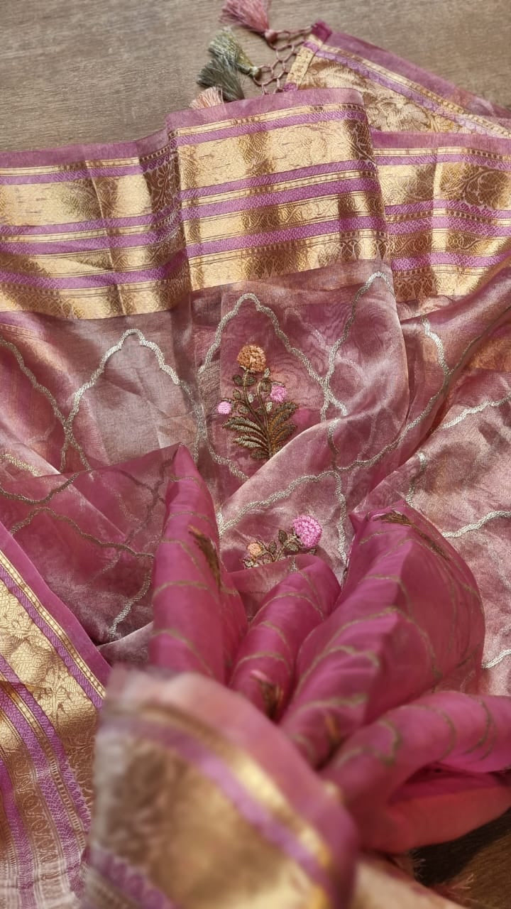 Pink Banarsi organza tissue silk sarees - Saffronfashionindia