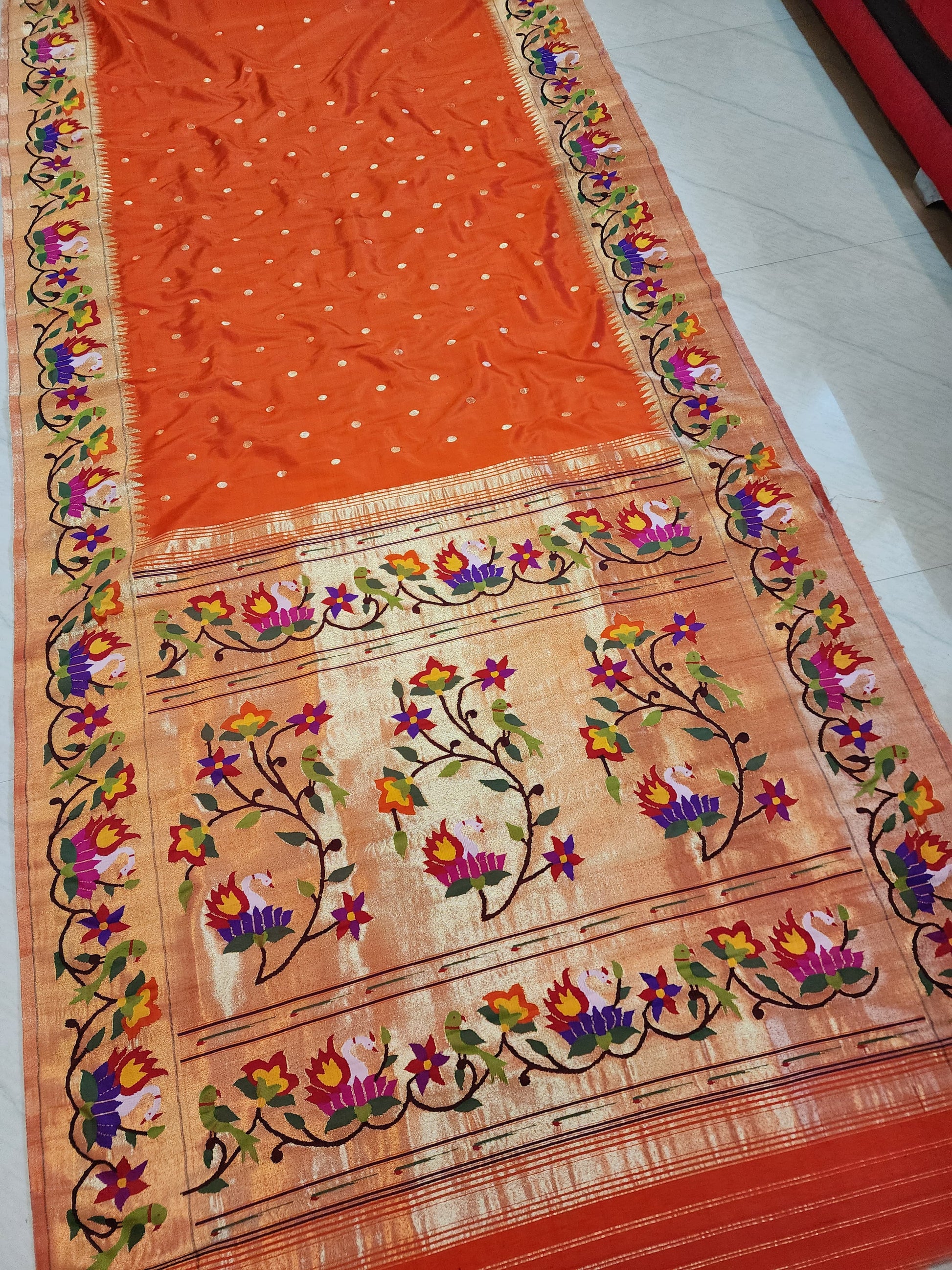 Orange Floral Paithani Saree Traditional Saree - Saffronfashionindia