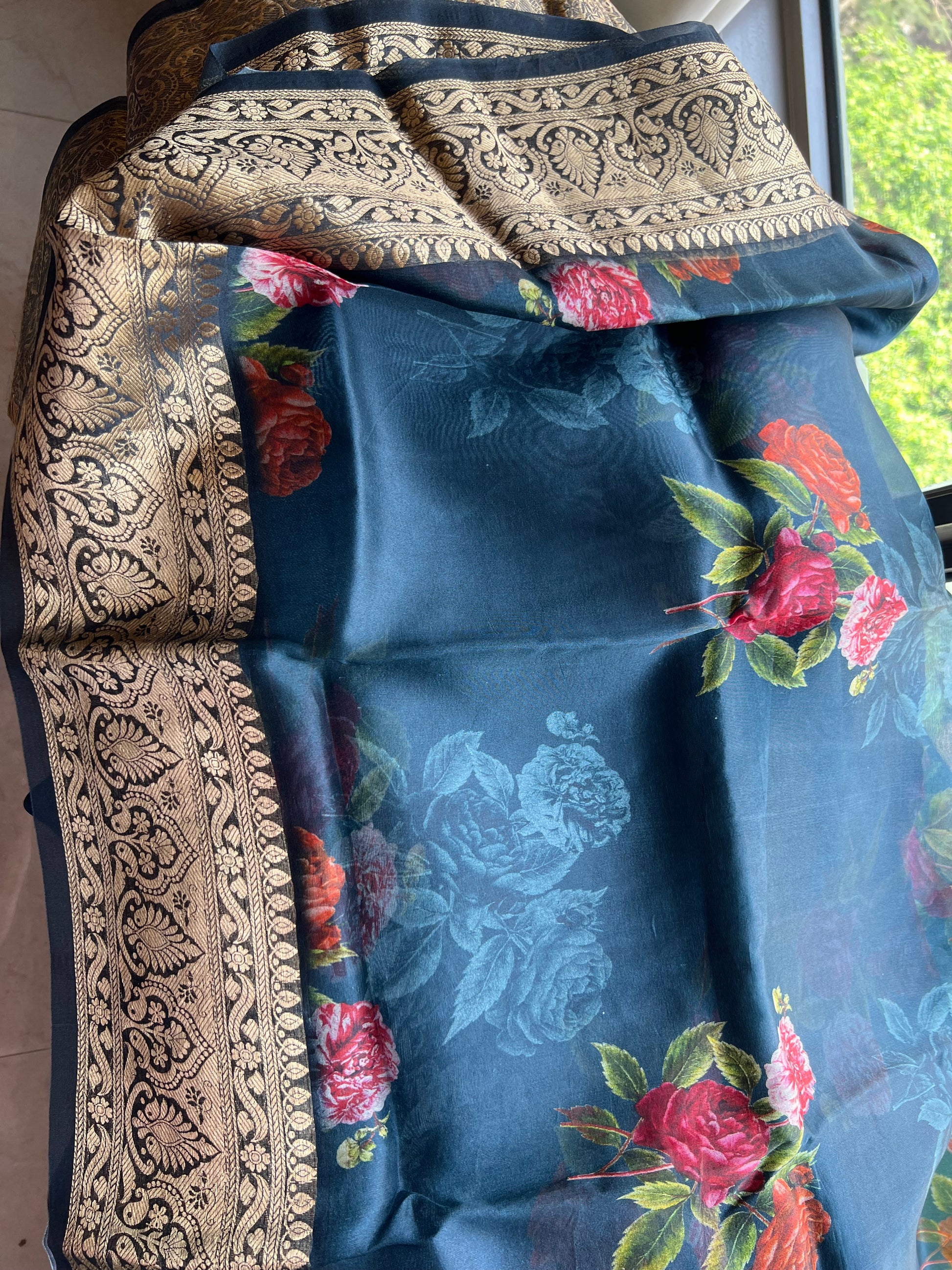 Kivashi Saree organza saree floral saree sabyasachi bordered sari blouse - Saffronfashionindia