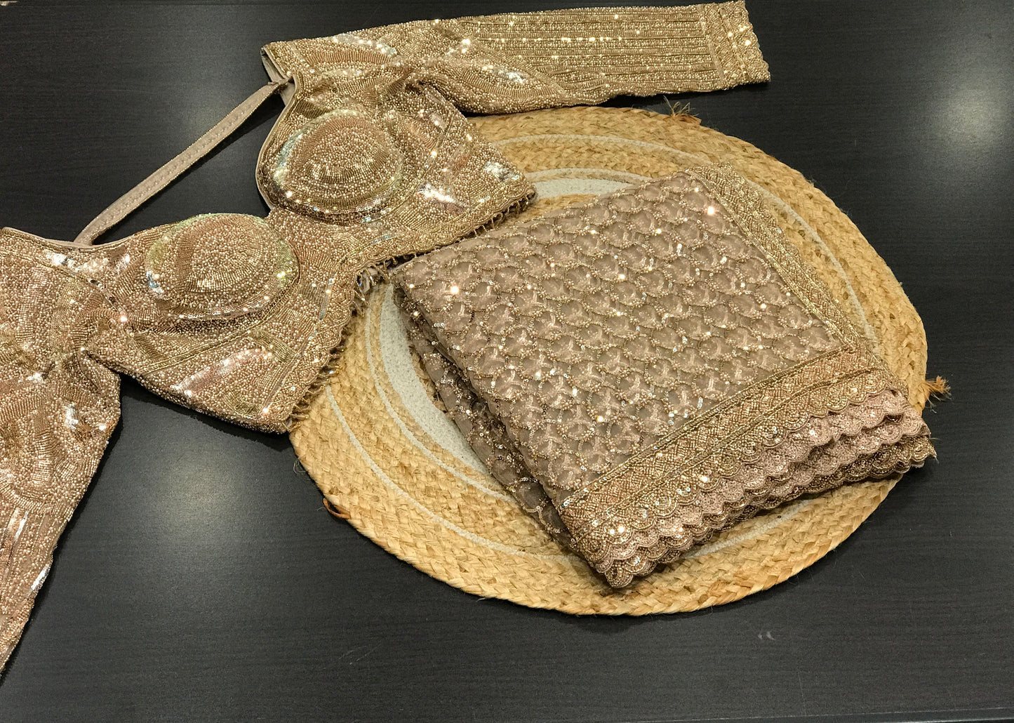 Champagne Gold Sequin Saree | Indian Party Wear Saree | Shimmer Embellished Saree | Wedding Reception Saree | Glamorous Designer Saree for Women Saffronfashionindia
