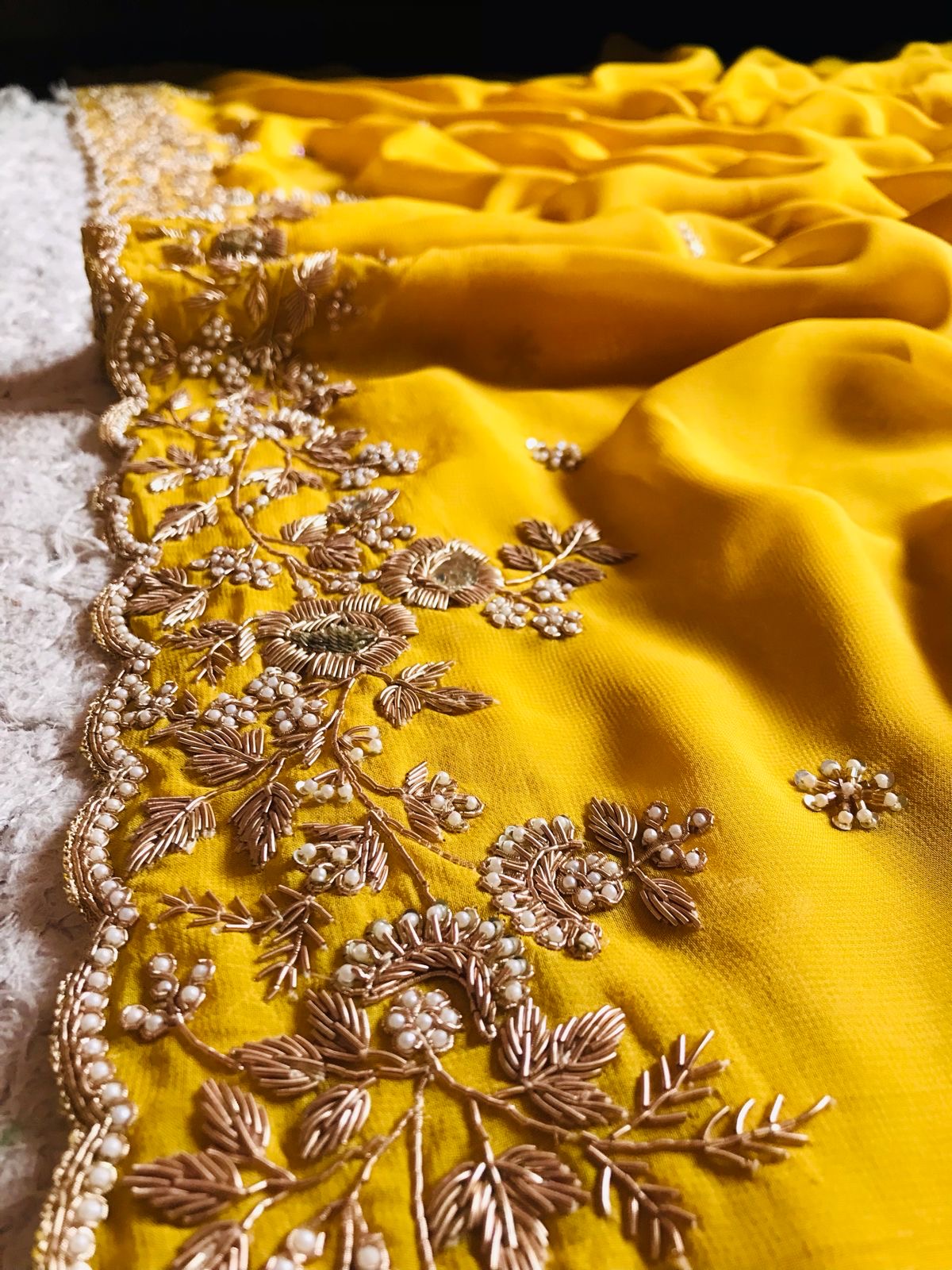 Luxurious Yellow Premium Gorgette Vintage Sarees - Saffronfashionindia