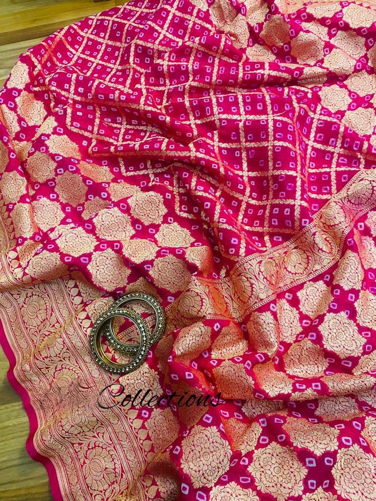 Pinash banarsi handwoven Bandhani Gorgette sarees - Saffronfashionindia