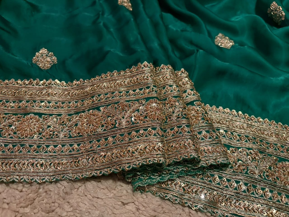 Green premium crepe satin silk saree designer inspired sarees blouse Saffronfashionindia