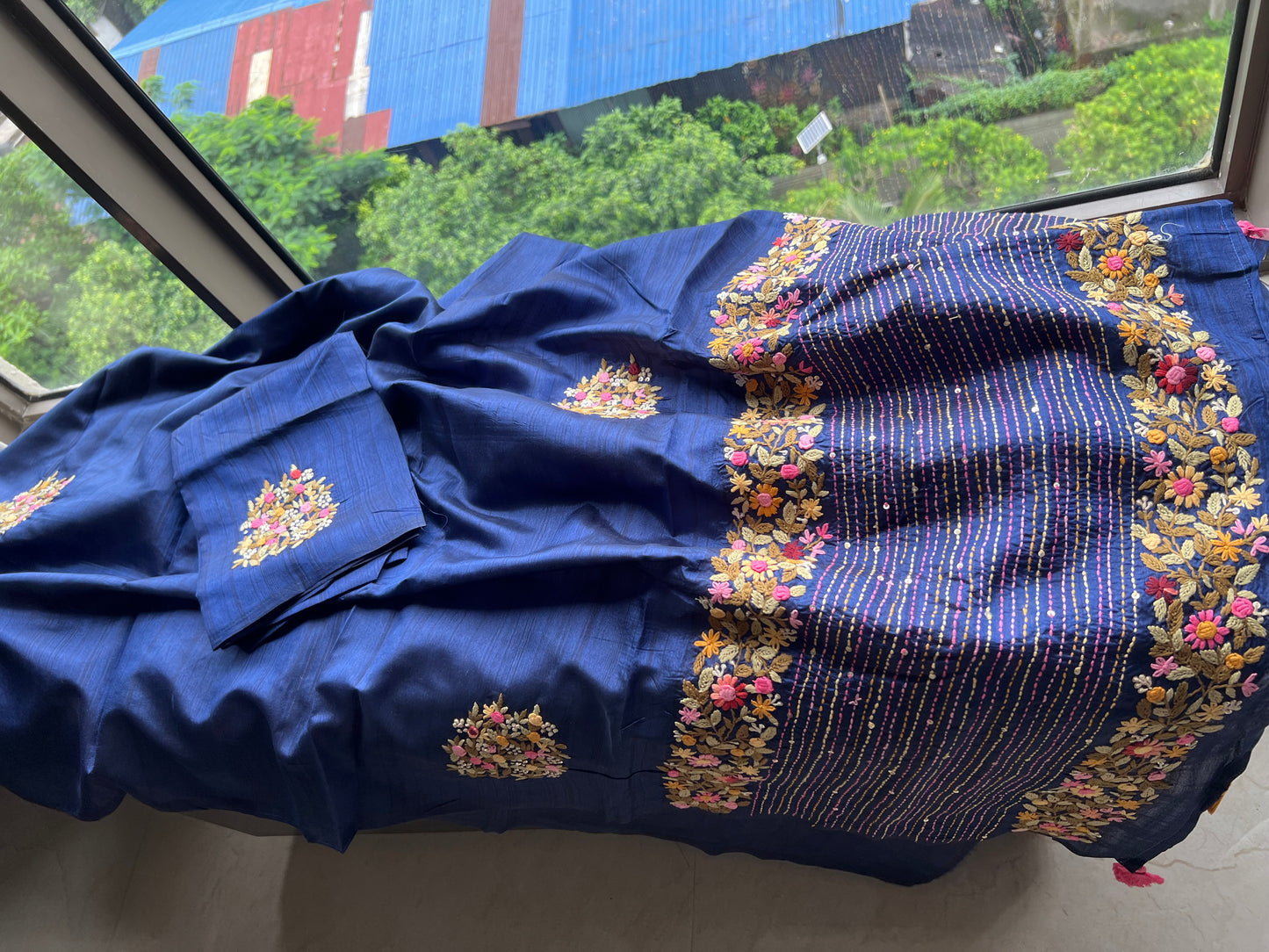 Munga French knot saree royal blue sarees - Saffronfashionindia