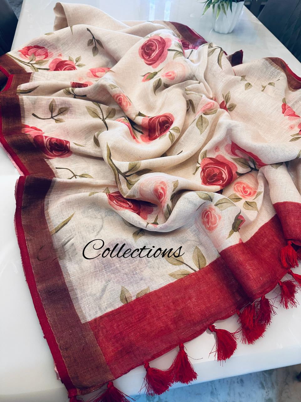Floral Handwoven linen saree digital print sarees - Saffronfashionindia