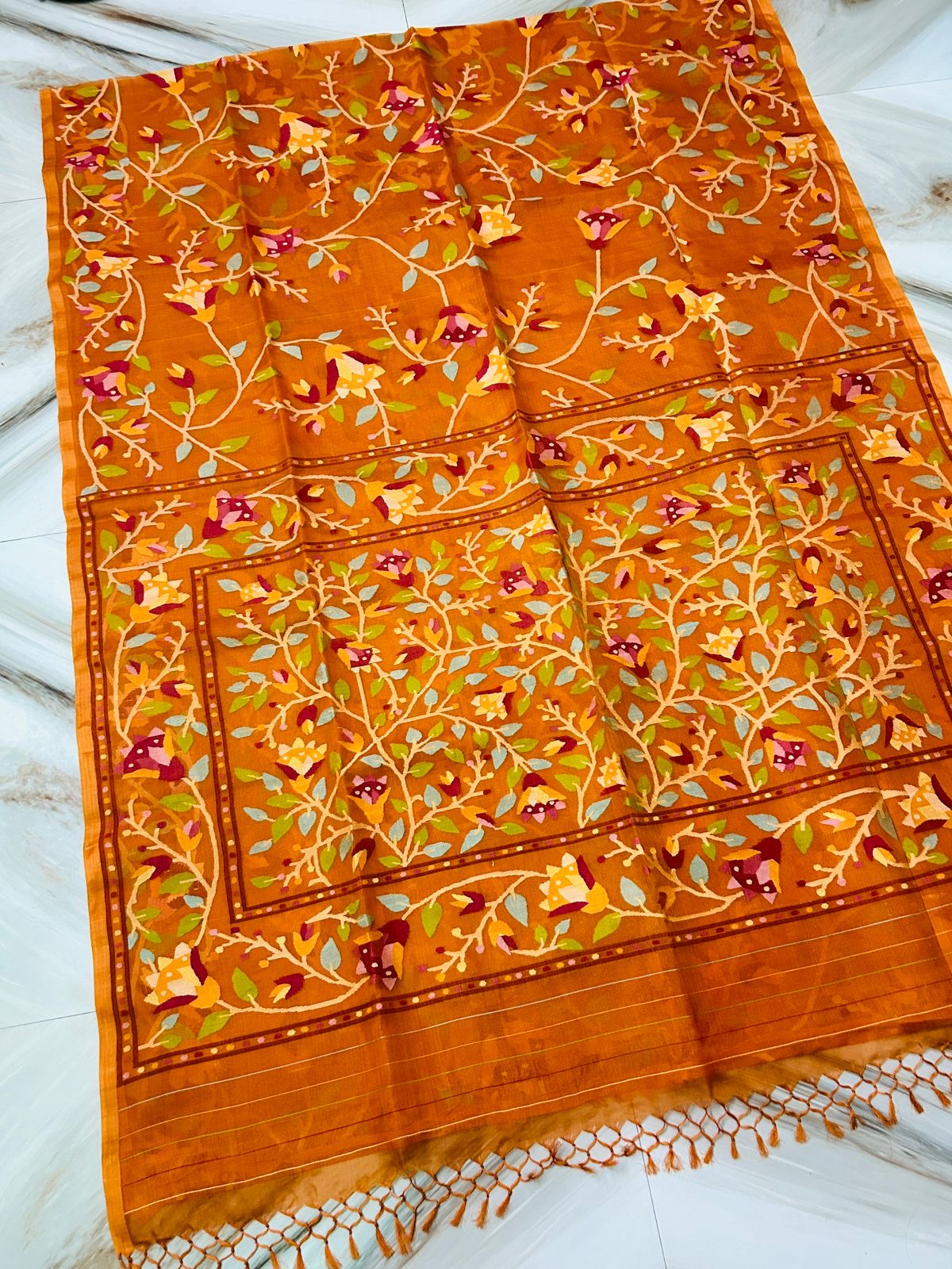 Orange Tantuj Jamdani saree handwoven saree beautiful saree blouse - Saffronfashionindia