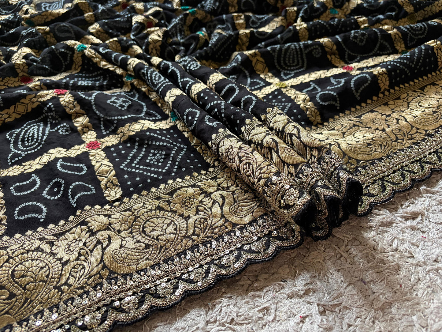 Black bandhani saree premium Banarsi saree gorgette sari blouse Saffronfashionindia