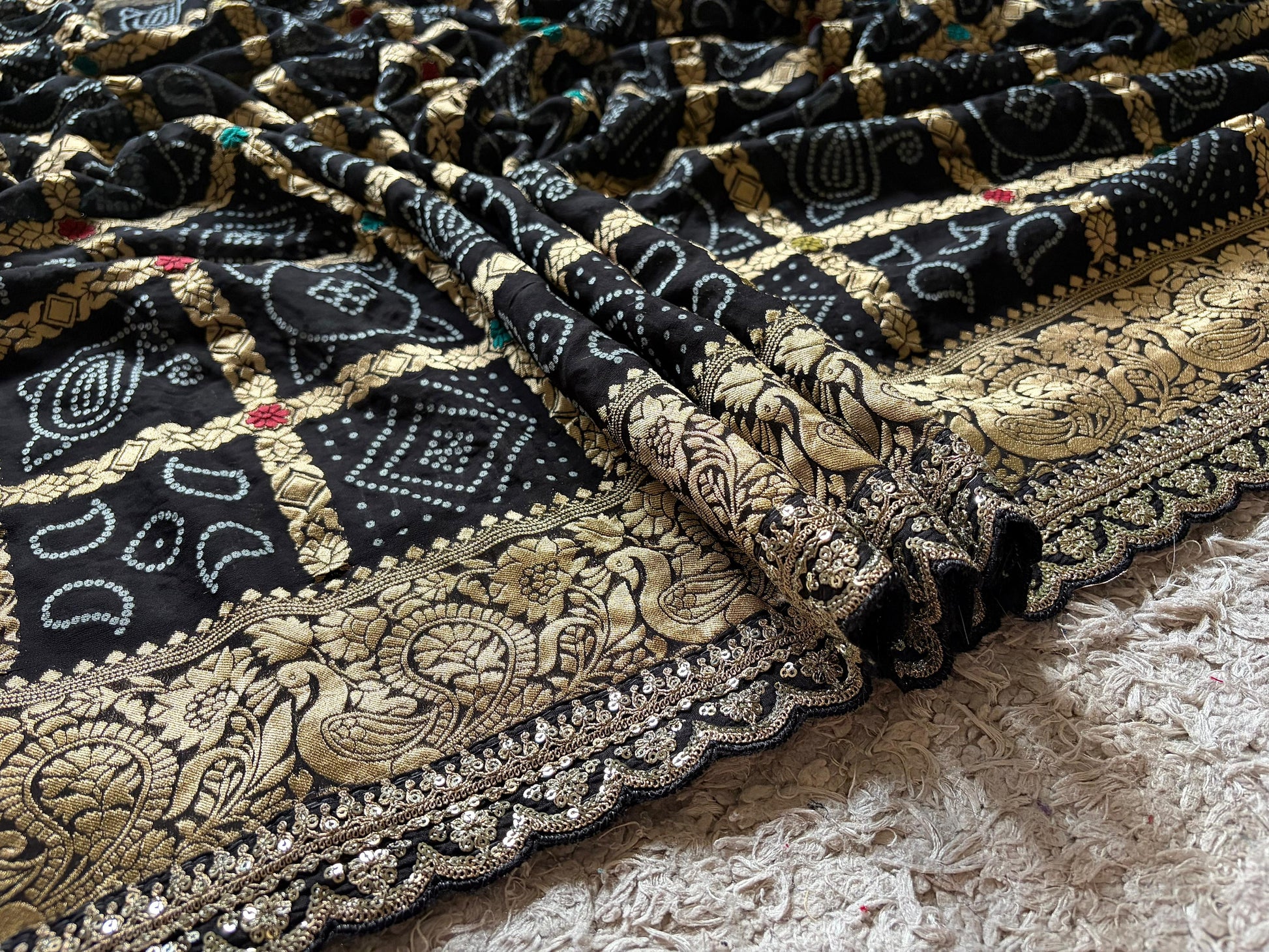 Black bandhani saree premium Banarsi saree gorgette sari blouse Saffronfashionindia