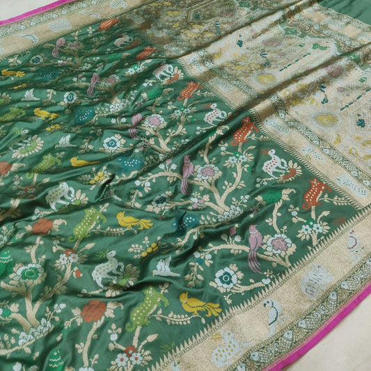 Green katan silk saree handwoven sarees Indian sari blouse - Saffronfashionindia