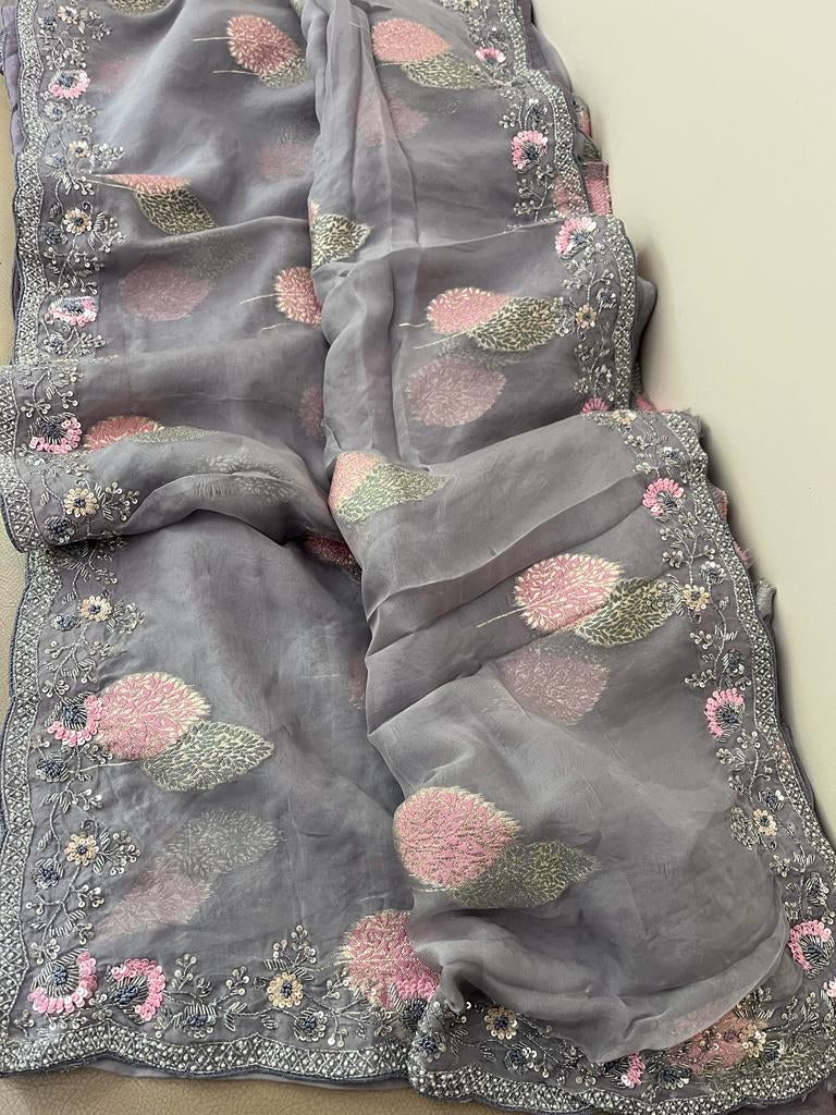 Floral weaved handwoven organza saree - Saffronfashionindia