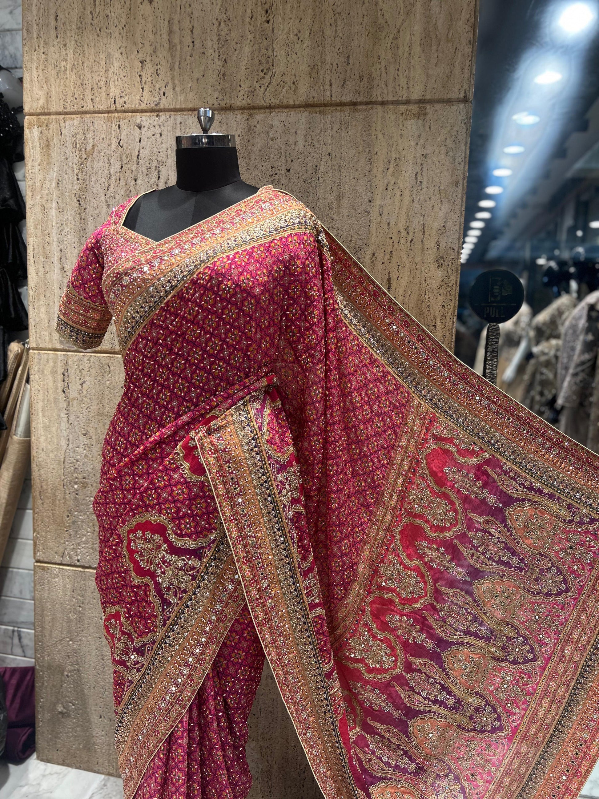 Ajrakh Chinon saree wedding sarees blouse Indian sari SaffronFashion