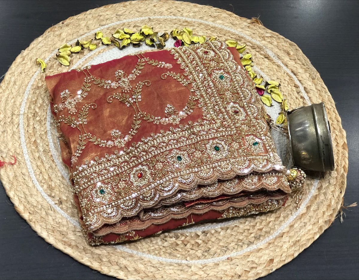 Bridal Silk Saree in Rust Copper | Heavy Embroidered Wedding Saree | Indian Wedding Saree | Designer Banarasi Style Saree | Festive Saree SaffronFashion