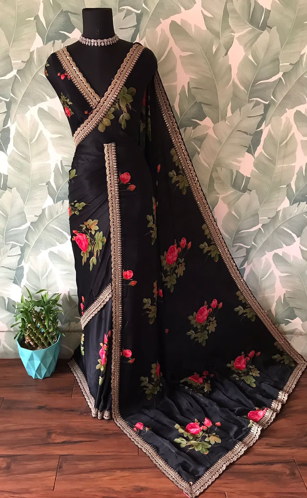 Floral black saree designer inspired sari blouse premium sarees Saffronfashionindia