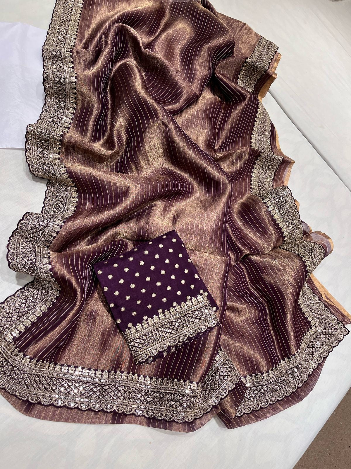 Elegant Tissue saree Indian sari blouse bordered saris SaffronFashion