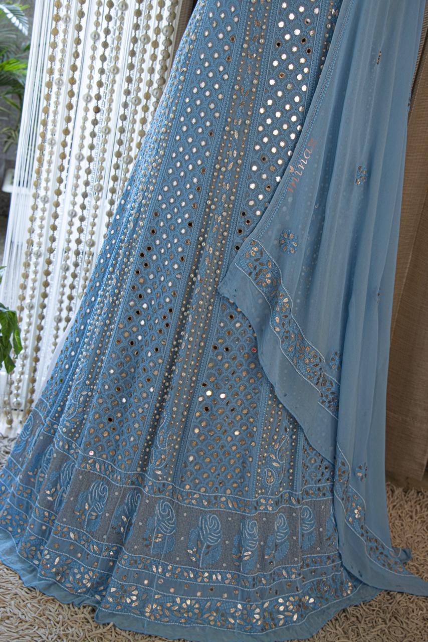 Cruise blue Chikankari Lucknowi Dress - Saffronfashionindia