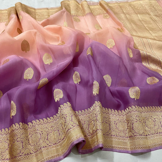 Shaded luxurious saree Kora silk saree women sari blouse - Saffronfashionindia