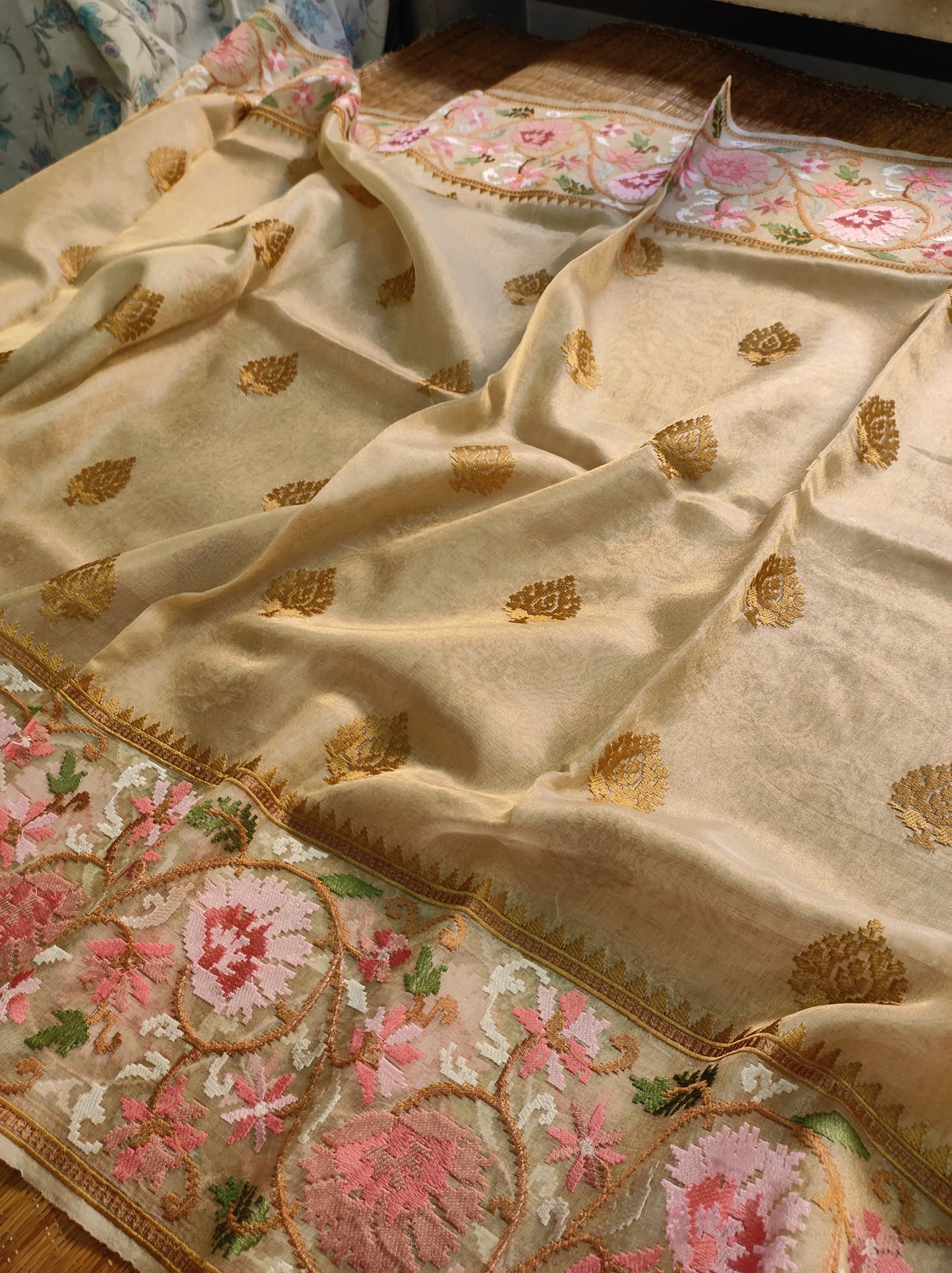 Embroidered Floral Tissue Silk Saree - Saffronfashionindia