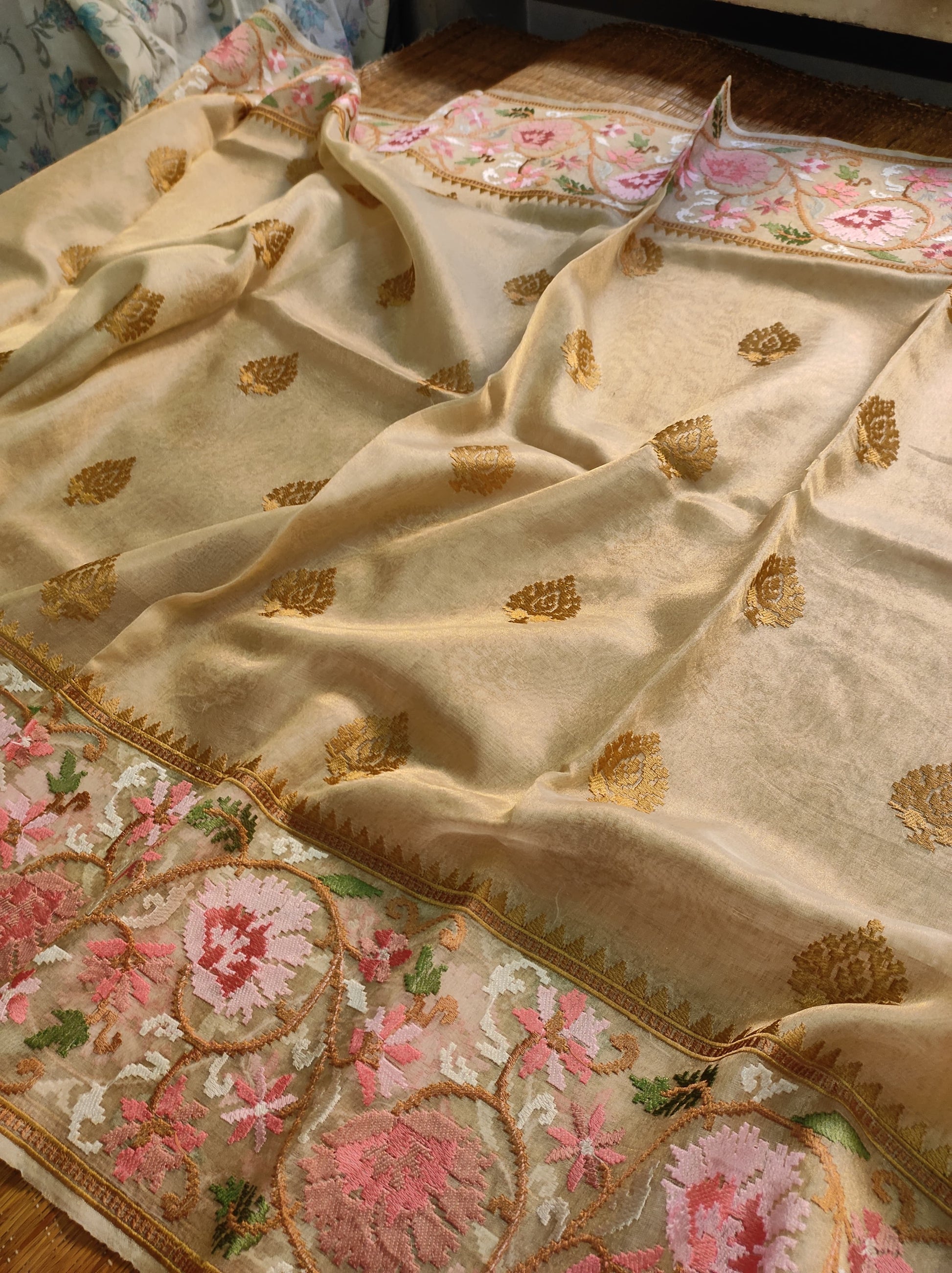 Embroidered Floral Tissue Silk Saree - Saffronfashionindia