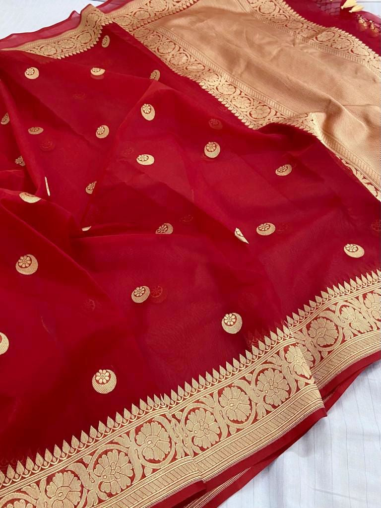 Bridal Chand Tara Banarsi saree handwoven sarees Kora saree - Saffronfashionindia