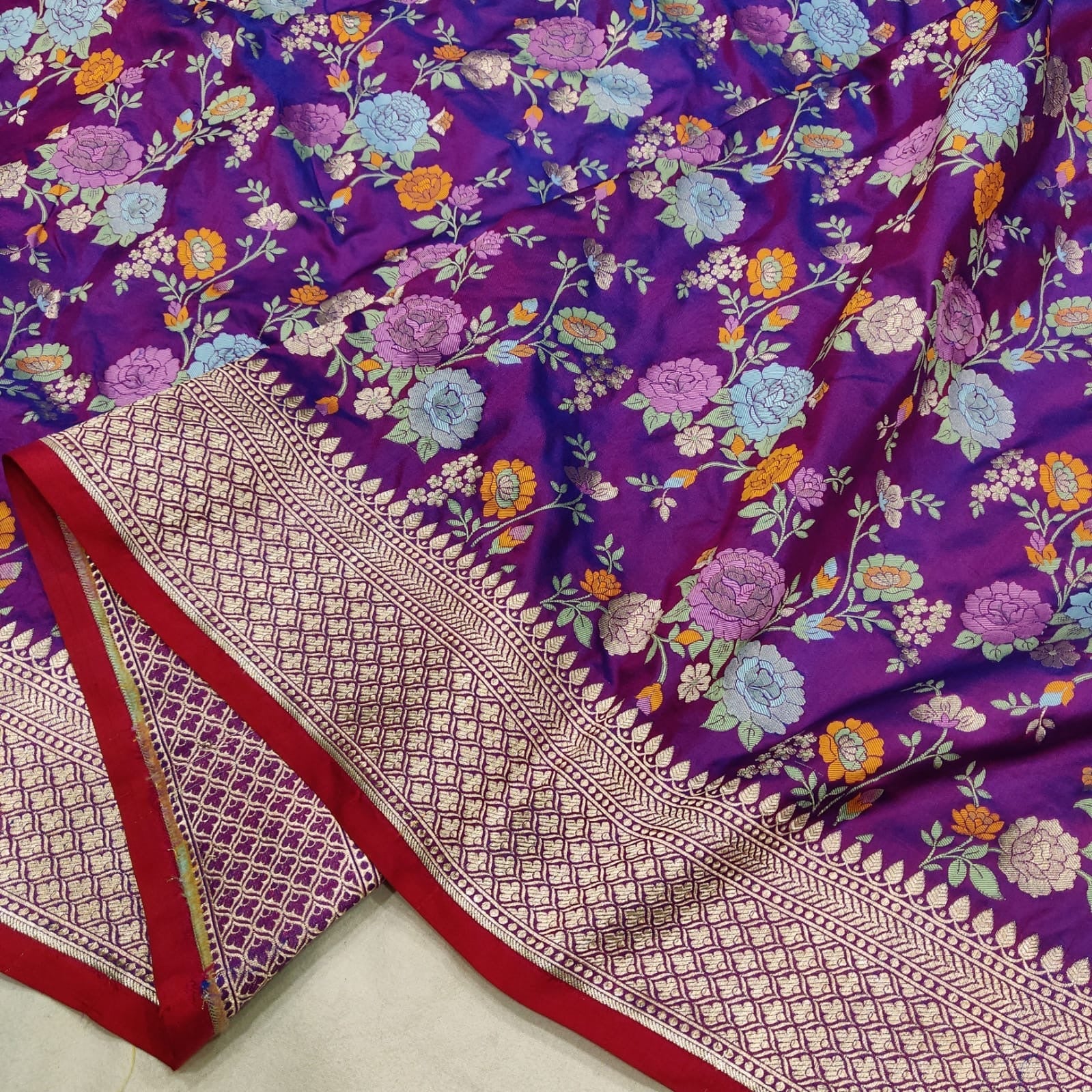 Purple floral katan silk saree handwoven sarees handloom sari SaffronFashion
