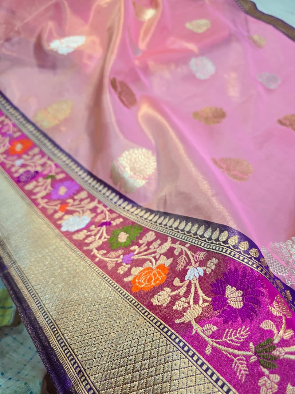 Pink kora saree tissue silk saree Indian sari blouse Saffronfashionindia